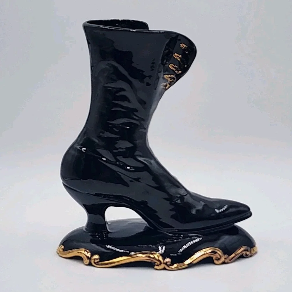 Vintage Ceramic Victorian Boot Vase Planter Black Gold Attributed Atlantic Mold